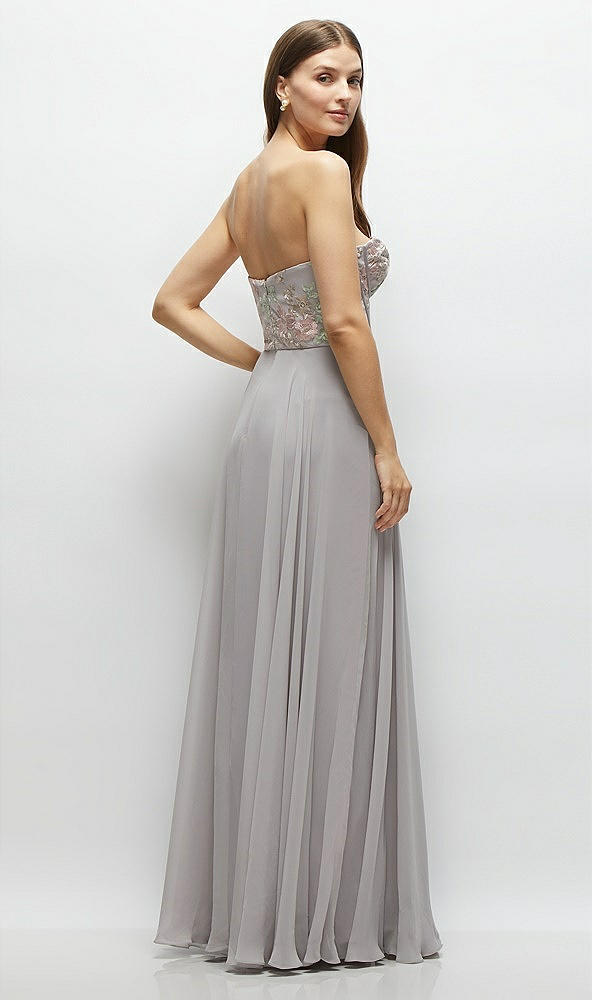 Back View - Cashmere Gray Strapless Floral Embroidered Corset Maxi Dress with Chiffon Skirt