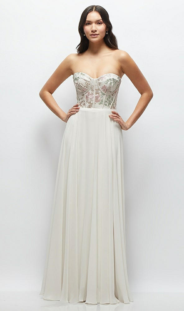 Front View - Oat Strapless Floral Embroidered Corset Maxi Dress with Chiffon Skirt