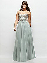 Front View Thumbnail - Willow Green Strapless Floral Embroidered Corset Maxi Dress with Chiffon Skirt