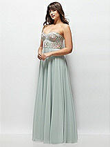 Side View Thumbnail - Willow Green Strapless Floral Embroidered Corset Maxi Dress with Chiffon Skirt