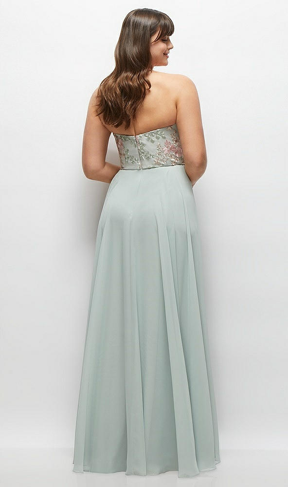 Back View - Willow Green Strapless Floral Embroidered Corset Maxi Dress with Chiffon Skirt