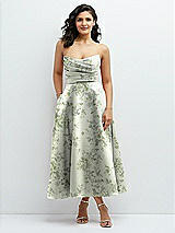 Front View Thumbnail - Sage Cottage Rose Draped Bodice Strapless Floral Midi Dress with Full Circle Skirt