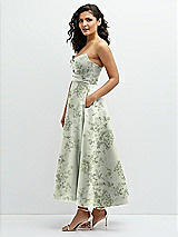 Side View Thumbnail - Sage Cottage Rose Draped Bodice Strapless Floral Midi Dress with Full Circle Skirt