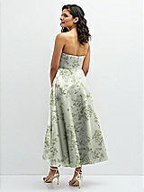 Rear View Thumbnail - Sage Cottage Rose Draped Bodice Strapless Floral Midi Dress with Full Circle Skirt