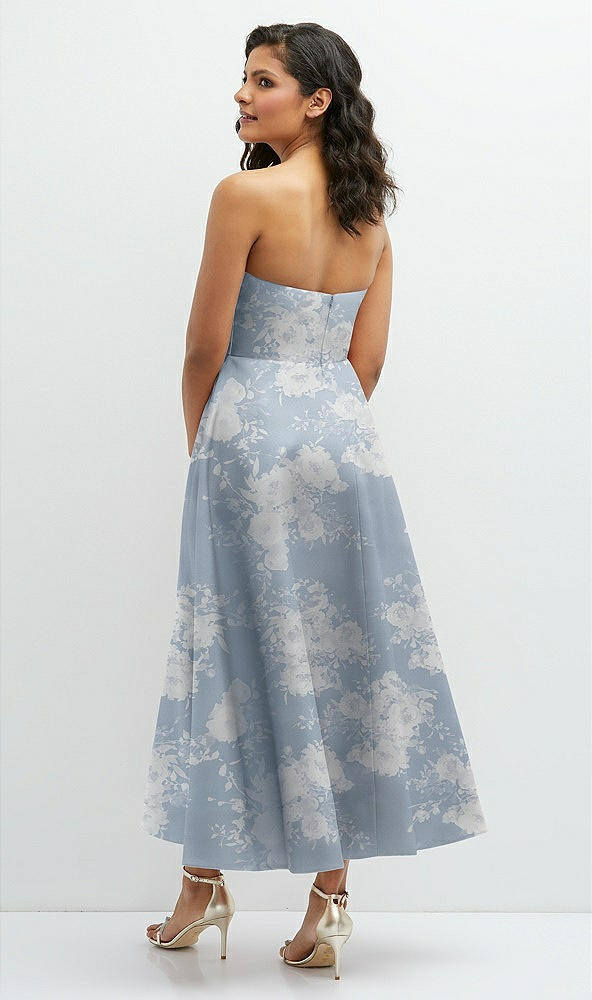 Back View - Porcelain Blue Seraphina Floral Draped Bodice Strapless Floral Midi Dress with Full Circle Skirt