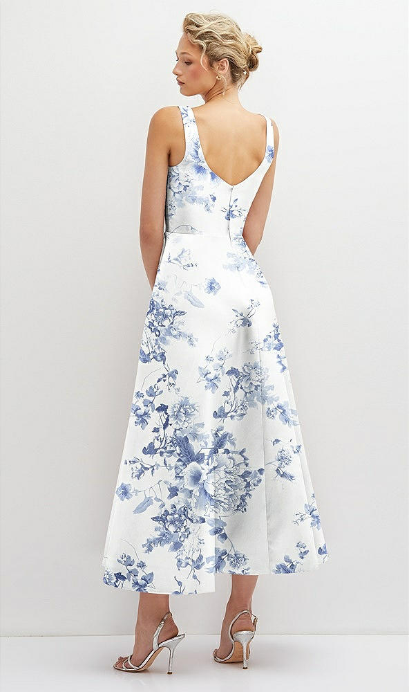 Back View - Cottage Rose Larkspur Floral Square Neck Satin Midi Dress with Full Skirt & Pockets