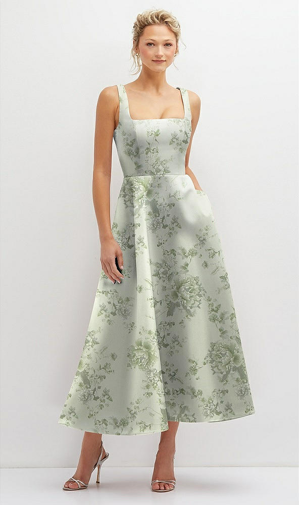 Front View - Sage Cottage Rose Floral Square Neck Satin Midi Dress with Full Skirt & Pockets