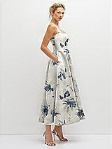 Side View Thumbnail - Inkwash Blue Floral Floral Square Neck Satin Midi Dress with Full Skirt & Pockets