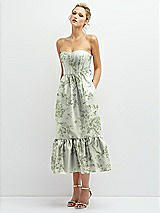 Alt View 1 Thumbnail - Sage Cottage Rose Floral Satin Strapless Midi Corset Dress with Lace-Up Back & Ruffle Hem