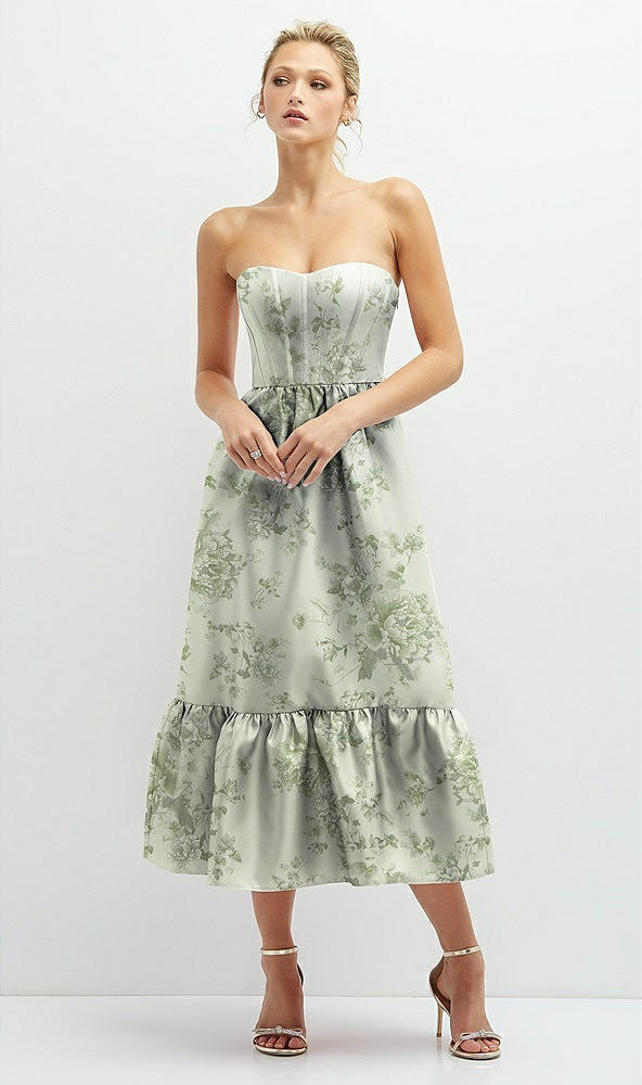 Front View - Sage Cottage Rose Floral Satin Strapless Midi Corset Dress with Lace-Up Back & Ruffle Hem