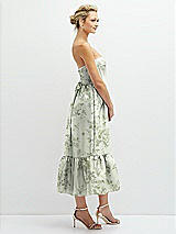 Side View Thumbnail - Sage Cottage Rose Floral Satin Strapless Midi Corset Dress with Lace-Up Back & Ruffle Hem