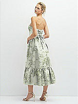 Rear View Thumbnail - Sage Cottage Rose Floral Satin Strapless Midi Corset Dress with Lace-Up Back & Ruffle Hem