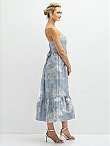 Side View Thumbnail - Porcelain Blue Seraphina Floral Floral Satin Strapless Midi Corset Dress with Lace-Up Back & Ruffle Hem