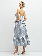 Rear View Thumbnail - Porcelain Blue Seraphina Floral Floral Satin Strapless Midi Corset Dress with Lace-Up Back & Ruffle Hem