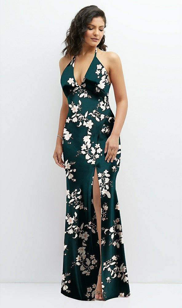 Front View - Vintage Primrose Evergreen Floral Plunge Halter Open-Back Maxi Bias Dress with Tie Back