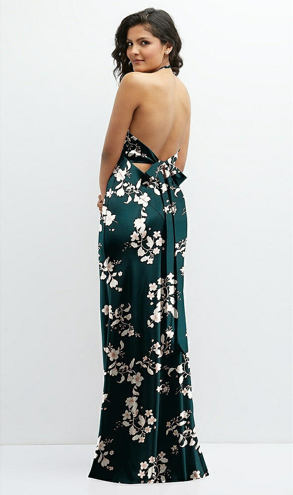 Back View - Vintage Primrose Evergreen Floral Plunge Halter Open-Back Maxi Bias Dress with Tie Back