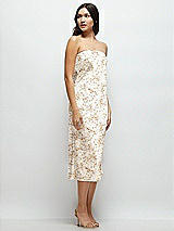 Side View Thumbnail - Golden Hour Floral Strapless Midi Bias Column Dress with Peek-a-Boo Corset Back