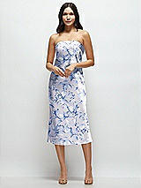 Front View Thumbnail - Magnolia Sky Floral Strapless Midi Bias Column Dress with Peek-a-Boo Corset Back