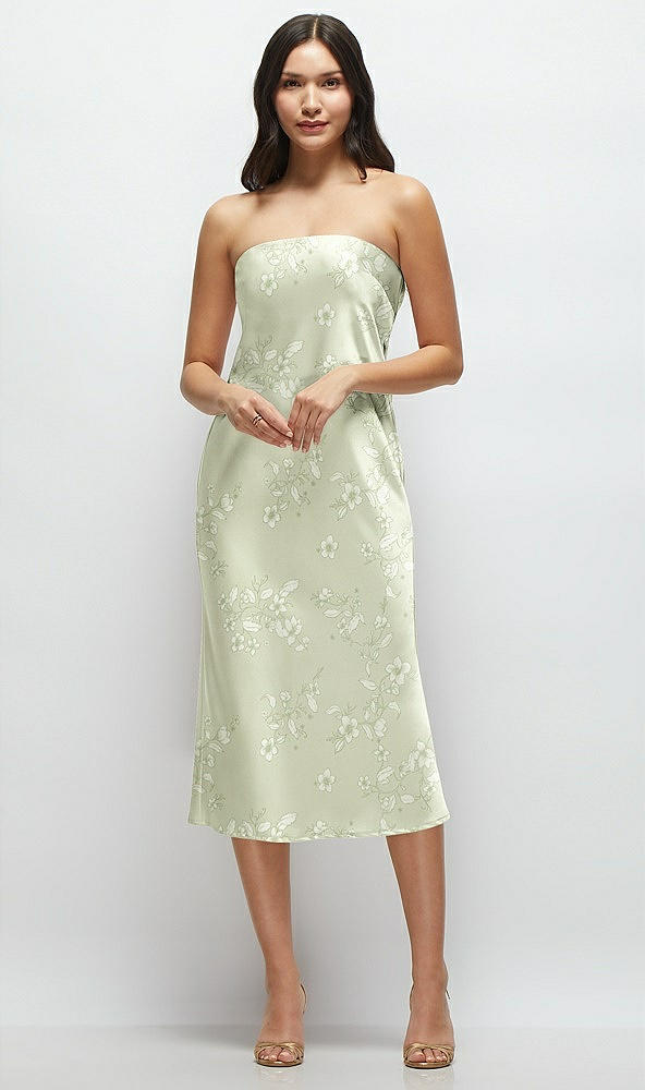 Front View - Vintage Primrose Celadon Floral Strapless Midi Bias Column Dress with Peek-a-Boo Corset Back