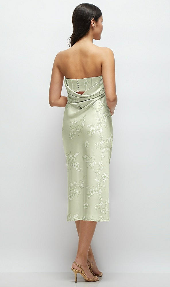 Back View - Vintage Primrose Celadon Floral Strapless Midi Bias Column Dress with Peek-a-Boo Corset Back