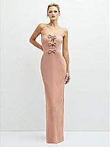 Front View Thumbnail - Pale Peach Rhinestone Bow Trimmed Peek-a-Boo Deep-V Maxi Dress with Pencil Skirt