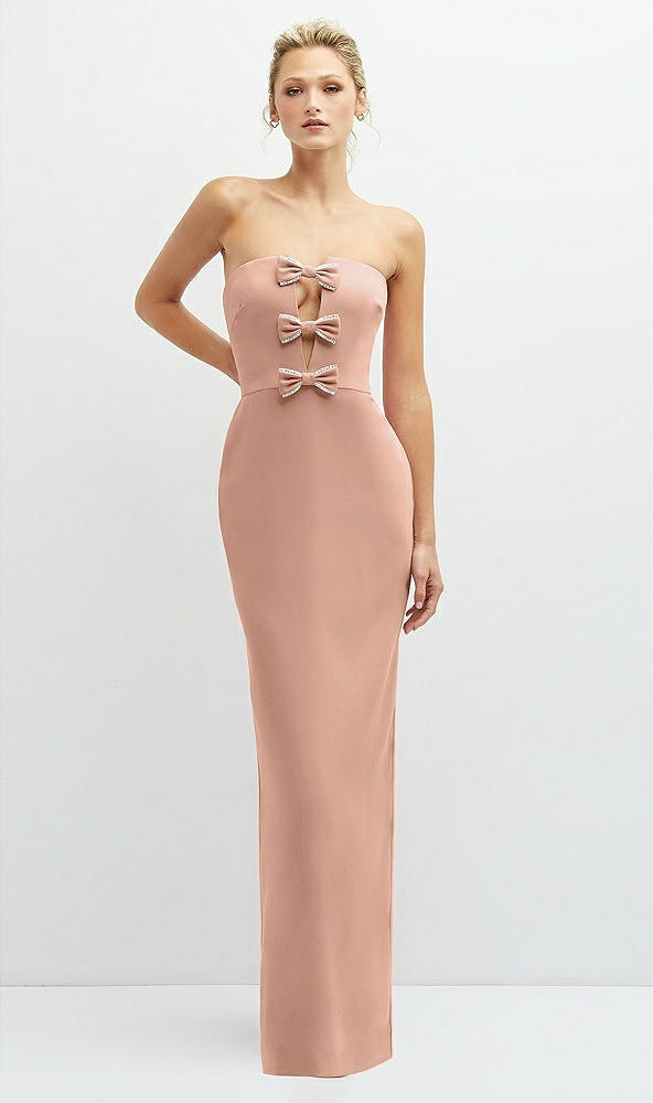 Front View - Pale Peach Rhinestone Bow Trimmed Peek-a-Boo Deep-V Maxi Dress with Pencil Skirt