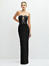 Front View Thumbnail - Black Rhinestone Bow Trimmed Peek-a-Boo Deep-V Maxi Dress with Pencil Skirt