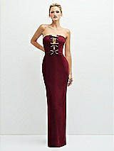 Front View Thumbnail - Burgundy Rhinestone Bow Trimmed Peek-a-Boo Deep-V Maxi Dress with Pencil Skirt