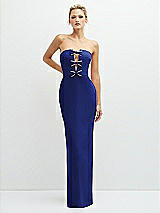 Front View Thumbnail - Cobalt Blue Rhinestone Bow Trimmed Peek-a-Boo Deep-V Maxi Dress with Pencil Skirt