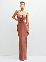 Front View Thumbnail - Desert Rose Rhinestone Bow Trimmed Peek-a-Boo Deep-V Maxi Dress with Pencil Skirt