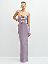 Front View Thumbnail - Lilac Haze Rhinestone Bow Trimmed Peek-a-Boo Deep-V Maxi Dress with Pencil Skirt