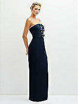 Side View Thumbnail - Midnight Navy Rhinestone Bow Trimmed Peek-a-Boo Deep-V Maxi Dress with Pencil Skirt