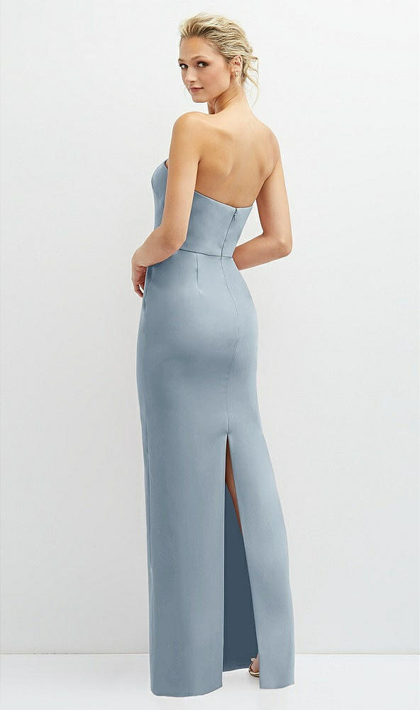 Back View - Mist Rhinestone Bow Trimmed Peek-a-Boo Deep-V Maxi Dress with Pencil Skirt