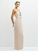 Side View Thumbnail - Oat Rhinestone Bow Trimmed Peek-a-Boo Deep-V Maxi Dress with Pencil Skirt