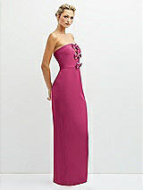 Side View Thumbnail - Tea Rose Rhinestone Bow Trimmed Peek-a-Boo Deep-V Maxi Dress with Pencil Skirt