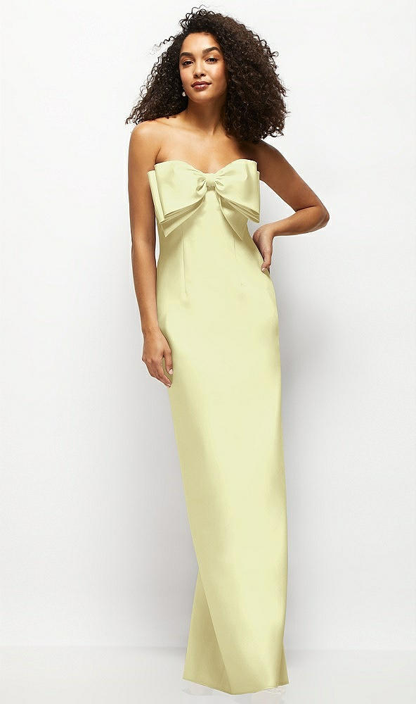 Front View - Butter Yellow Strapless Satin Column Maxi Dress with Oversized Handcrafted Bow