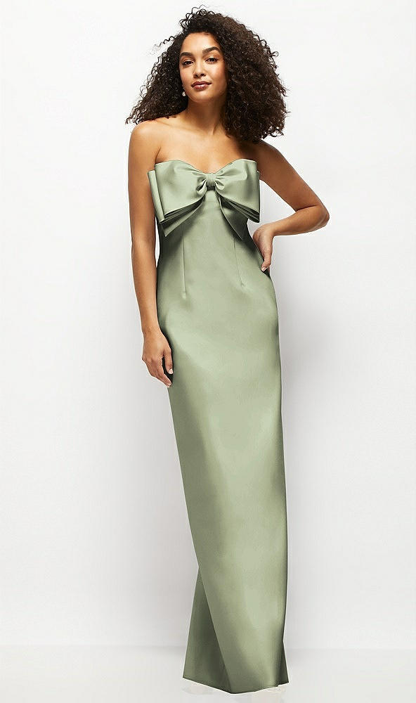 Front View - Sage Strapless Satin Column Maxi Dress with Oversized Handcrafted Bow