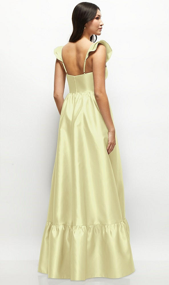 Back View - Butter Yellow Satin Corset Maxi Dress with Ruffle Straps & Skirt