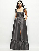 Front View Thumbnail - Caviar Gray Satin Corset Maxi Dress with Ruffle Straps & Skirt