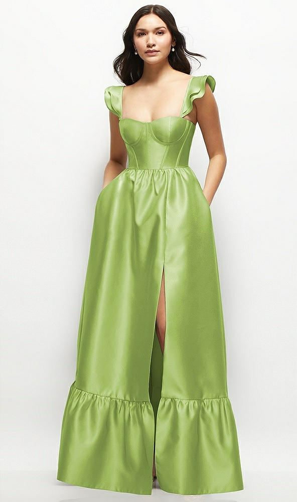 Front View - Mojito Satin Corset Maxi Dress with Ruffle Straps & Skirt