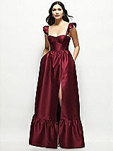 Front View Thumbnail - Cabernet Satin Corset Maxi Dress with Ruffle Straps & Skirt