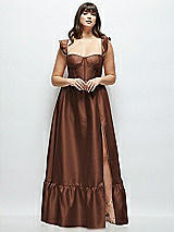 Alt View 1 Thumbnail - Cognac Satin Corset Maxi Dress with Ruffle Straps & Skirt