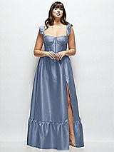 Alt View 1 Thumbnail - Larkspur Blue Satin Corset Maxi Dress with Ruffle Straps & Skirt