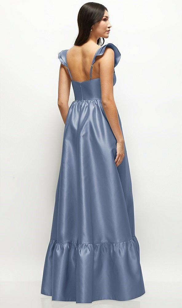 Back View - Larkspur Blue Satin Corset Maxi Dress with Ruffle Straps & Skirt