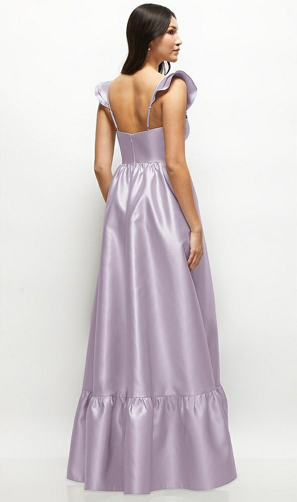 Back View - Lilac Haze Satin Corset Maxi Dress with Ruffle Straps & Skirt