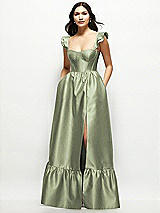 Front View Thumbnail - Sage Satin Corset Maxi Dress with Ruffle Straps & Skirt