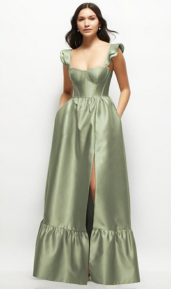 Front View - Sage Satin Corset Maxi Dress with Ruffle Straps & Skirt