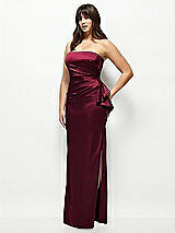 Side View Thumbnail - Cabernet Strapless Draped Skirt Satin Maxi Dress with Cascade Ruffle