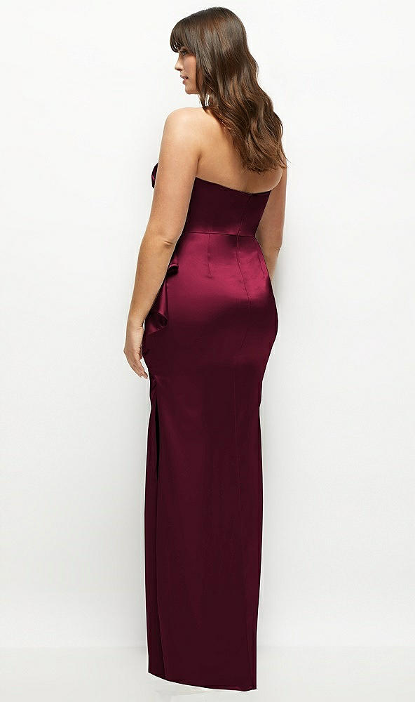 Back View - Cabernet Strapless Draped Skirt Satin Maxi Dress with Cascade Ruffle