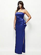 Side View Thumbnail - Cobalt Blue Strapless Draped Skirt Satin Maxi Dress with Cascade Ruffle